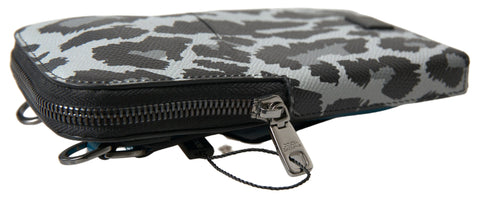 Gray leopard leather men's crossbody purse with phone pocket, branded Dolce & Gabbana sling bag, stylish and functional.