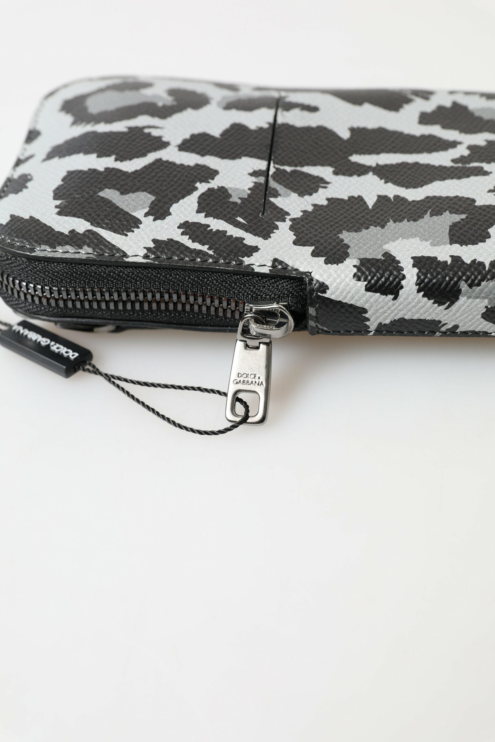 Gray leopard leather Dolce & Gabbana men's purse crossbody sling phone bag with adjustable strap and compact design.