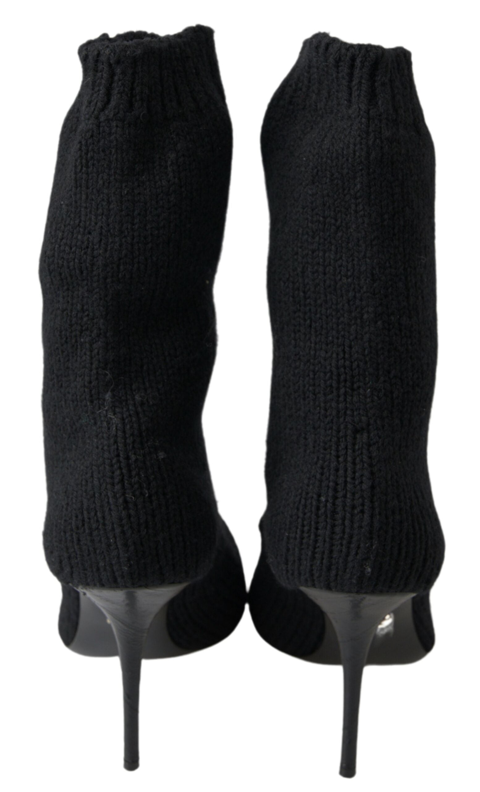 Black Dolce & Gabbana stiletto heel mid-calf women's boot shoes with sleek design and pointed toe, shown on a white background.