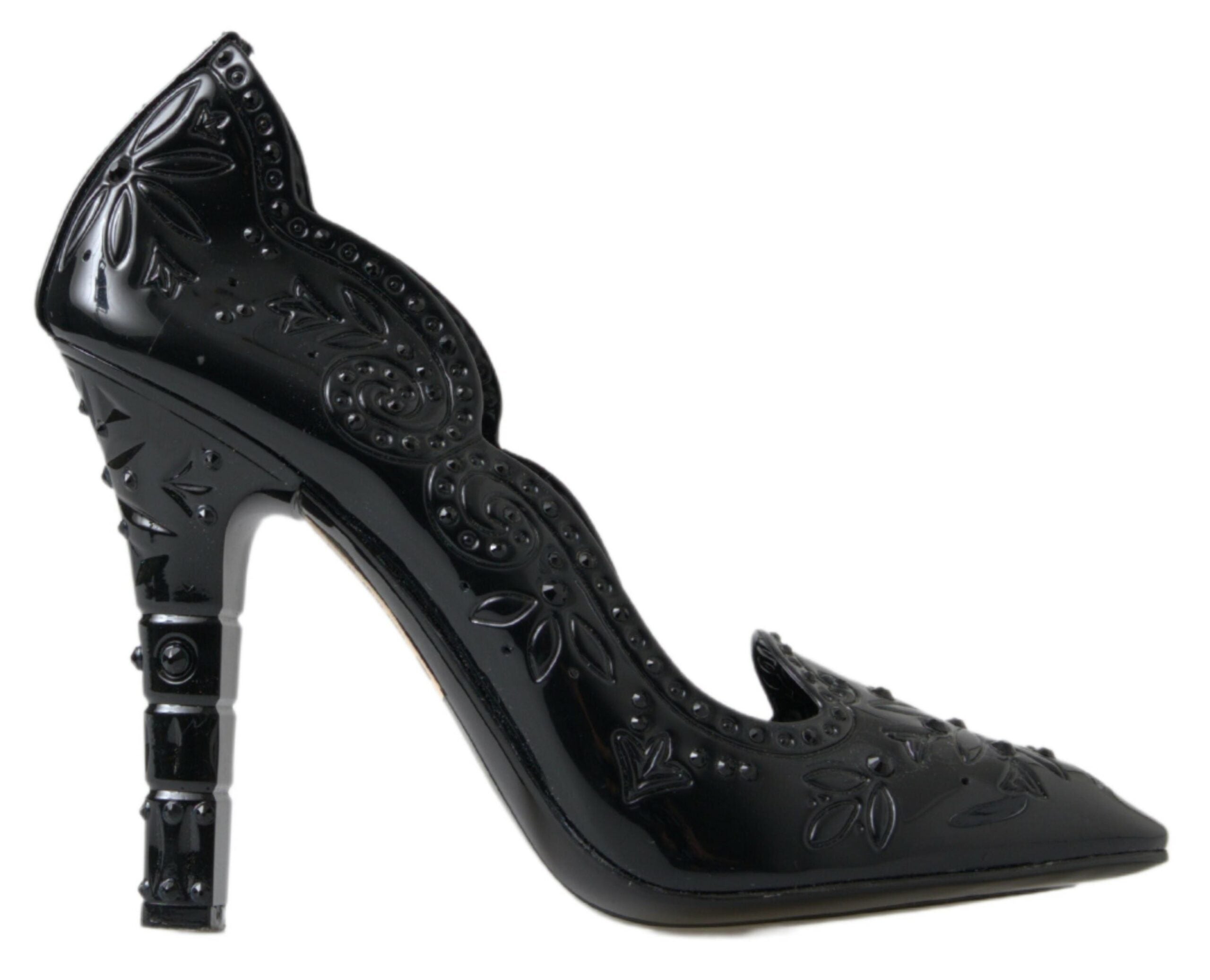 Dolce & Gabbana black Cinderella floral crystal heels shoes with intricate floral embellishments and sparkling crystal details.