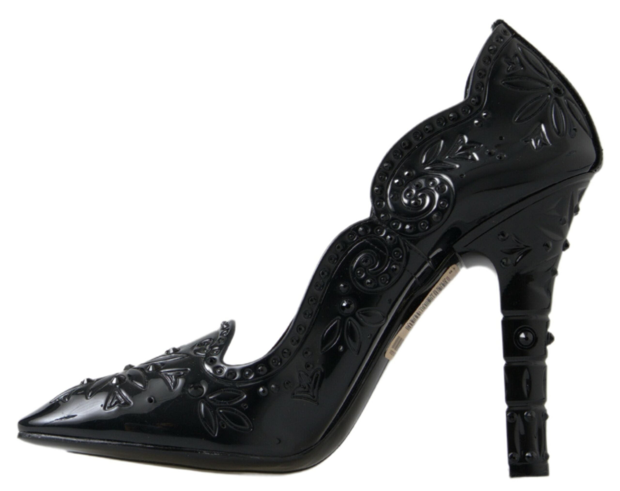 Black Cinderella floral crystal heels shoes by Dolce & Gabbana with intricate floral details and sparkling embellishments.