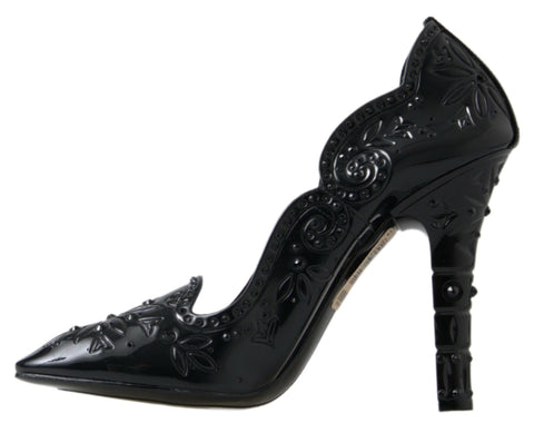 Black Cinderella floral crystal heels shoes by Dolce & Gabbana with intricate floral details and sparkling embellishments.