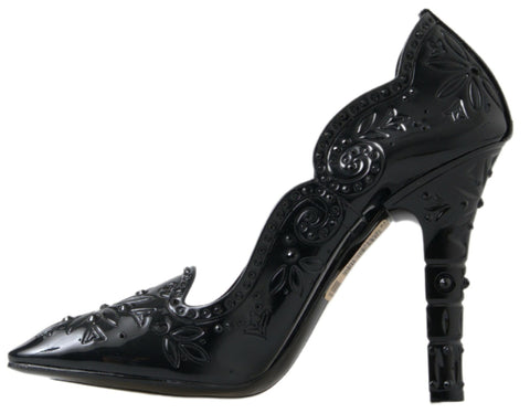Black Cinderella floral crystal heels shoes by Dolce & Gabbana with intricate floral embellishments and sparkling crystal details.