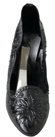 Black Cinderella floral crystal heels shoes by Dolce & Gabbana with intricate floral and crystal embellishments.