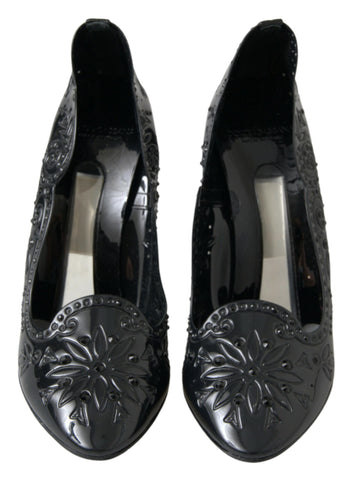 Black Cinderella floral crystal heels shoes by Dolce & Gabbana featuring floral embellishments and sparkling crystal details.