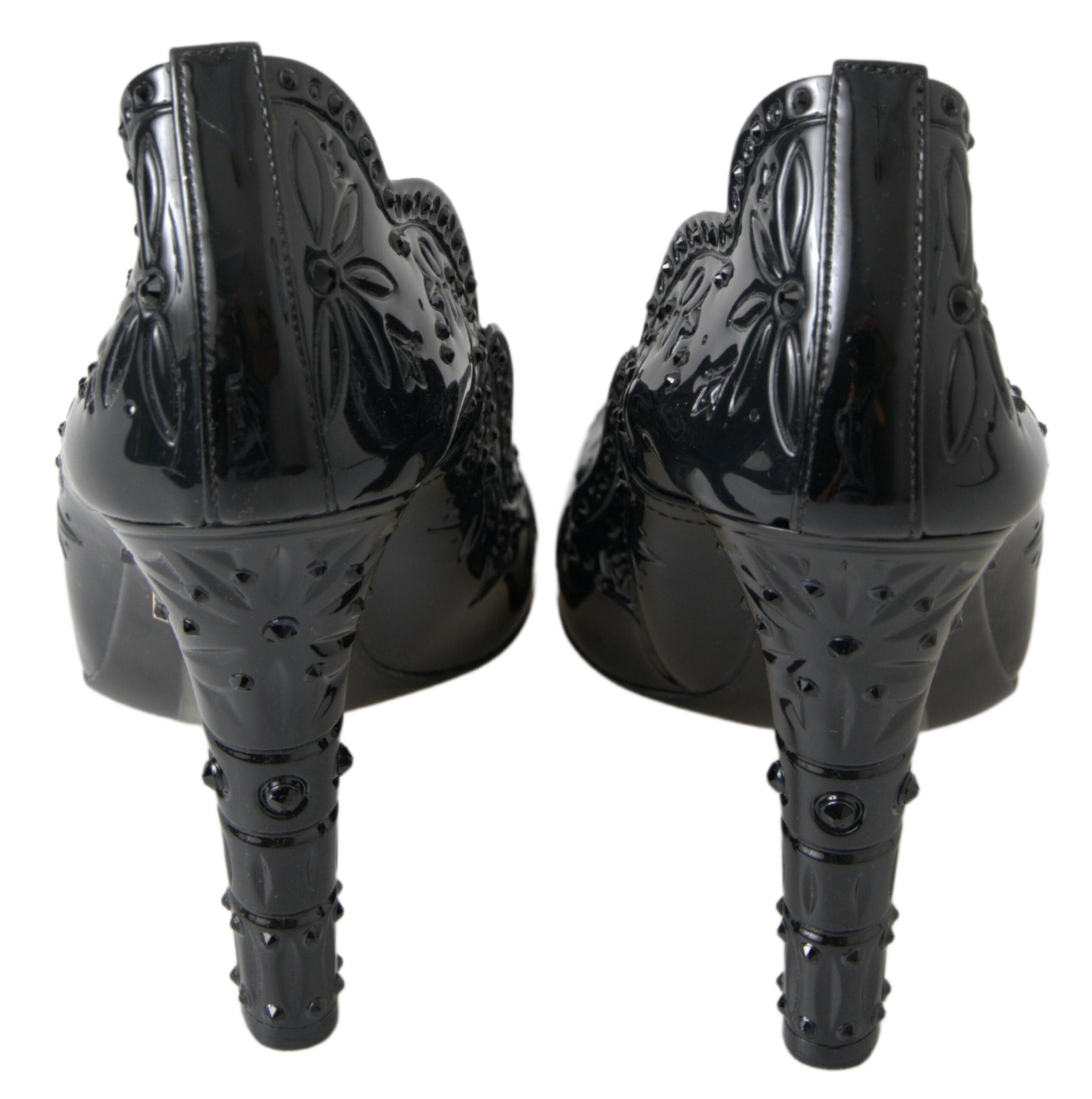Black Cinderella floral crystal heels shoes featuring elegant floral embellishments and sparkling crystal accents by Dolce & Gabbana.