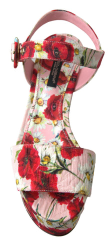 Multicolor floral print Dolce & Gabbana wedge sandals with ankle strap, showcasing vibrant flower patterns and stylish footwear design.