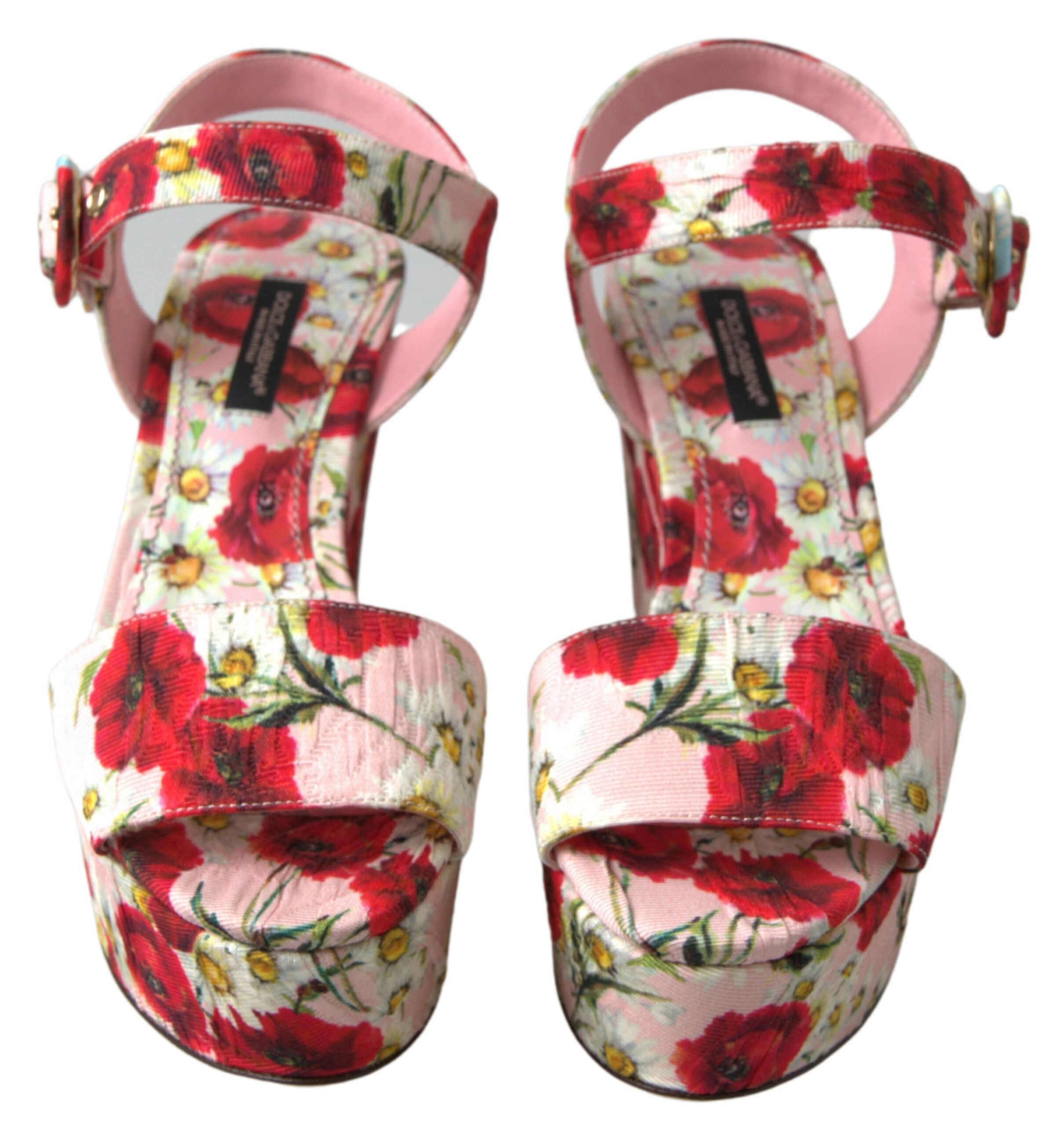 Multicolor floral print Dolce & Gabbana wedges with ankle straps, featuring vibrant flower patterns and stylish design.