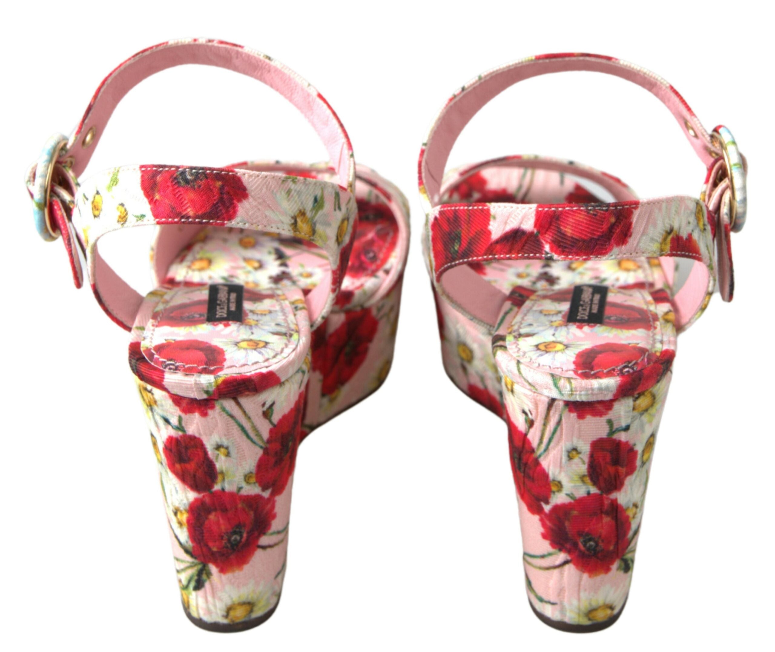 Multicolor floral print Dolce & Gabbana wedge sandals with ankle straps and floral design, perfect for summer footwear.