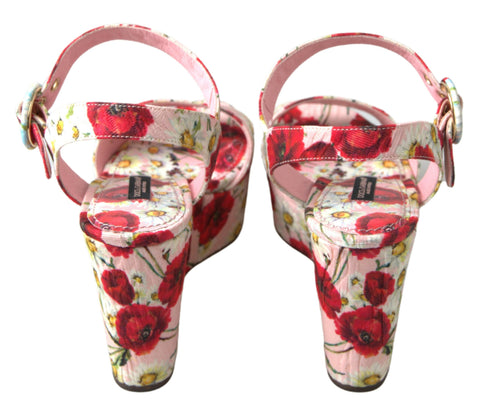 Multicolor floral print Dolce & Gabbana wedge sandals with ankle straps and floral design, perfect for summer footwear.
