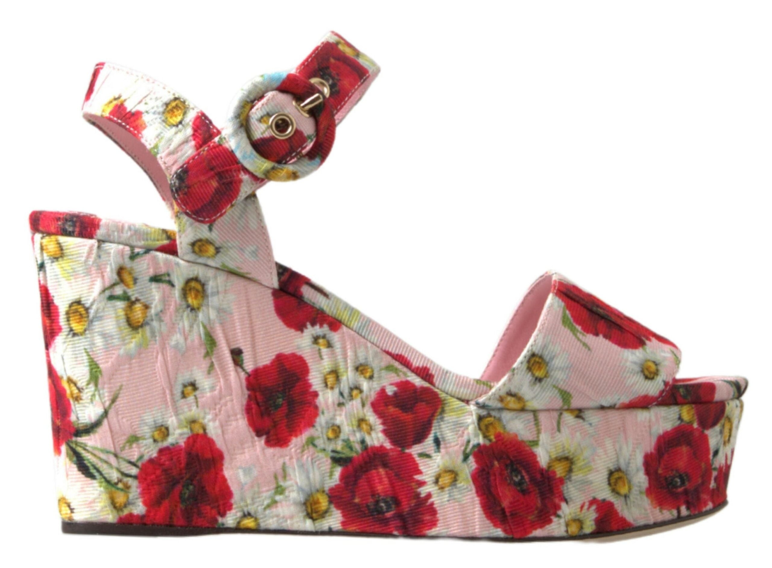 Multicolor floral print Dolce & Gabbana wedge sandals with ankle strap and open toe design.