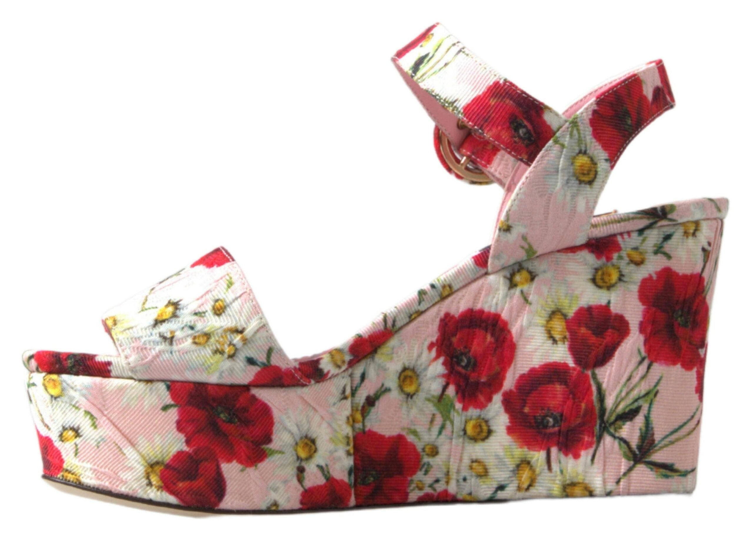 Multicolor floral print Dolce & Gabbana wedge sandals with ankle strap and floral design, stylish summer footwear.