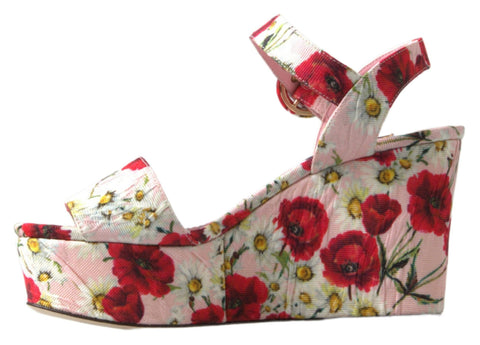 Multicolor floral print Dolce & Gabbana wedge sandals with ankle strap and floral design, stylish summer footwear.