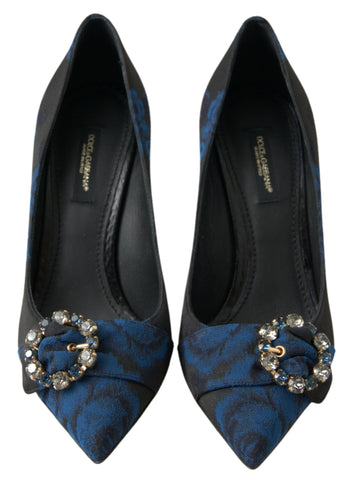 Blue floral Ayers Crystal Pumps shoes by Dolce & Gabbana with crystal embellishments and floral pattern on the heels.