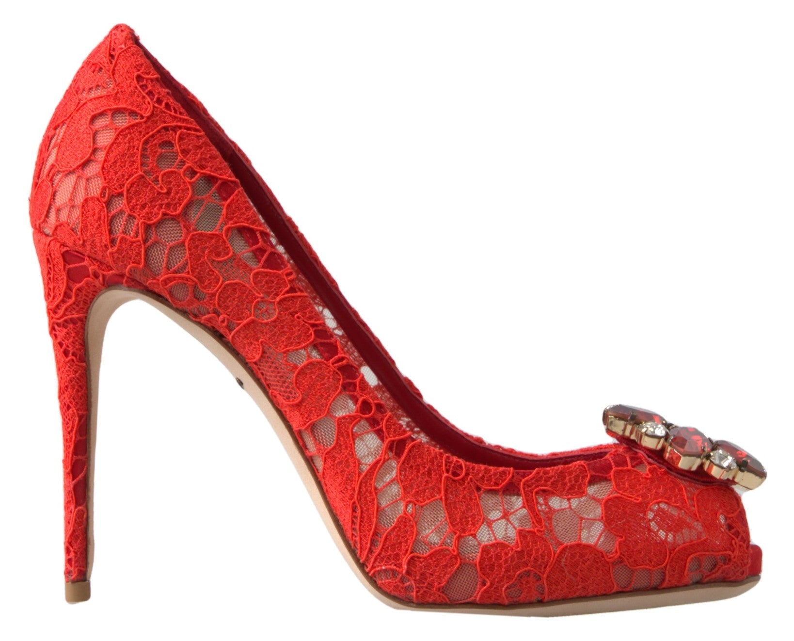 Red Taormina lace crystal heels by Dolce & Gabbana featuring elegant lace design and sparkling crystal embellishments.
