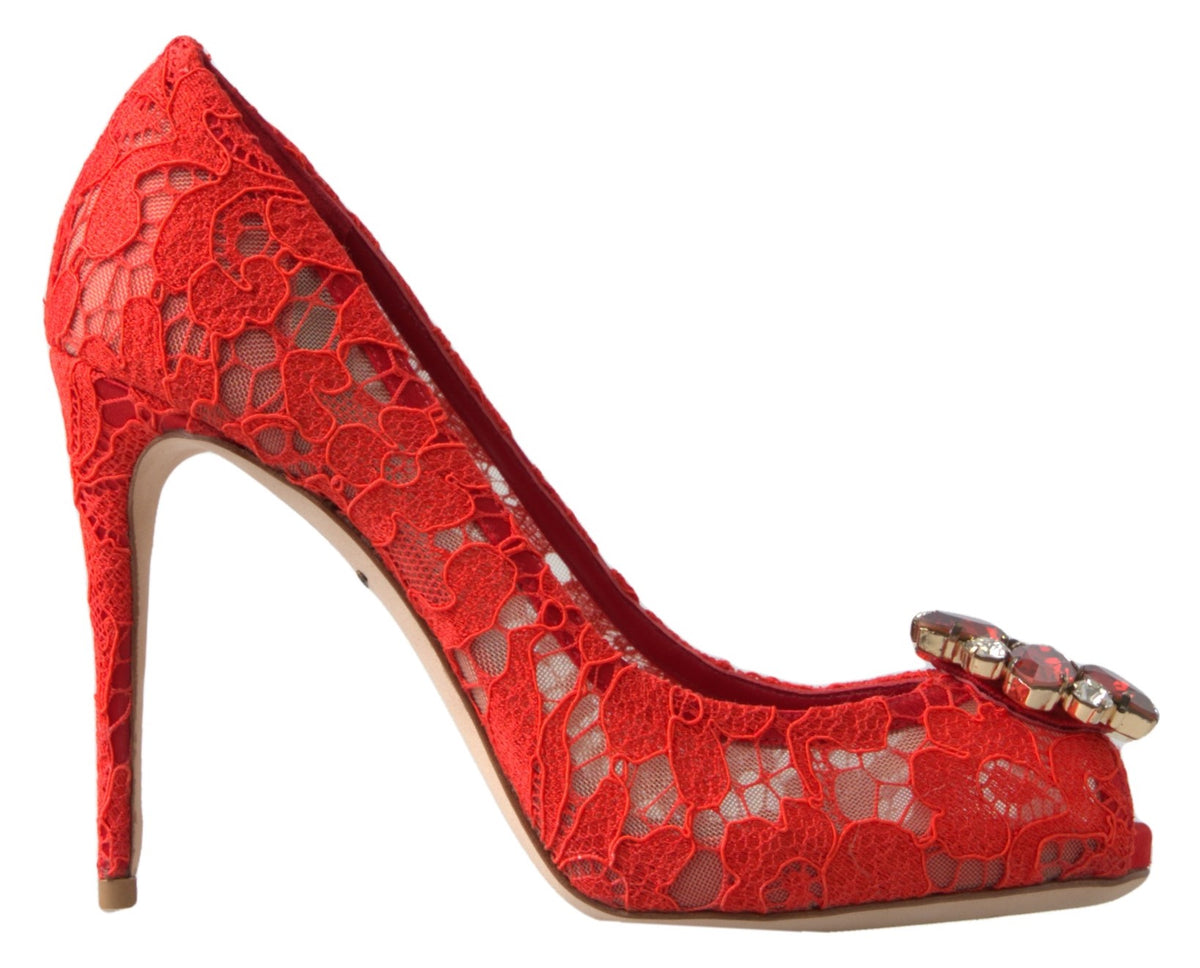Red Taormina lace crystal heels by Dolce & Gabbana featuring elegant lace design and sparkling crystal embellishments.
