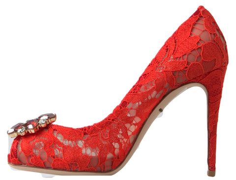 Red Taormina lace crystal heel pumps by Dolce & Gabbana showcasing lace detailing and sparkling crystal embellishments.