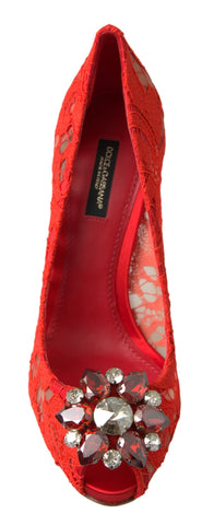 Red Taormina lace crystal heels by Dolce & Gabbana, showcasing elegant lace detail and sparkling crystal embellishments.