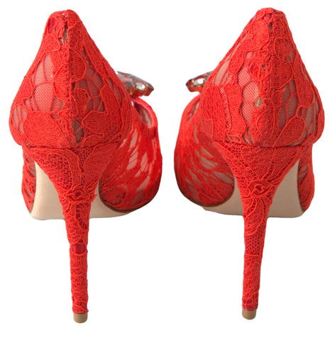 Red Taormina lace crystal heels pumps by Dolce & Gabbana, featuring elegant lace and sparkling crystal details.
