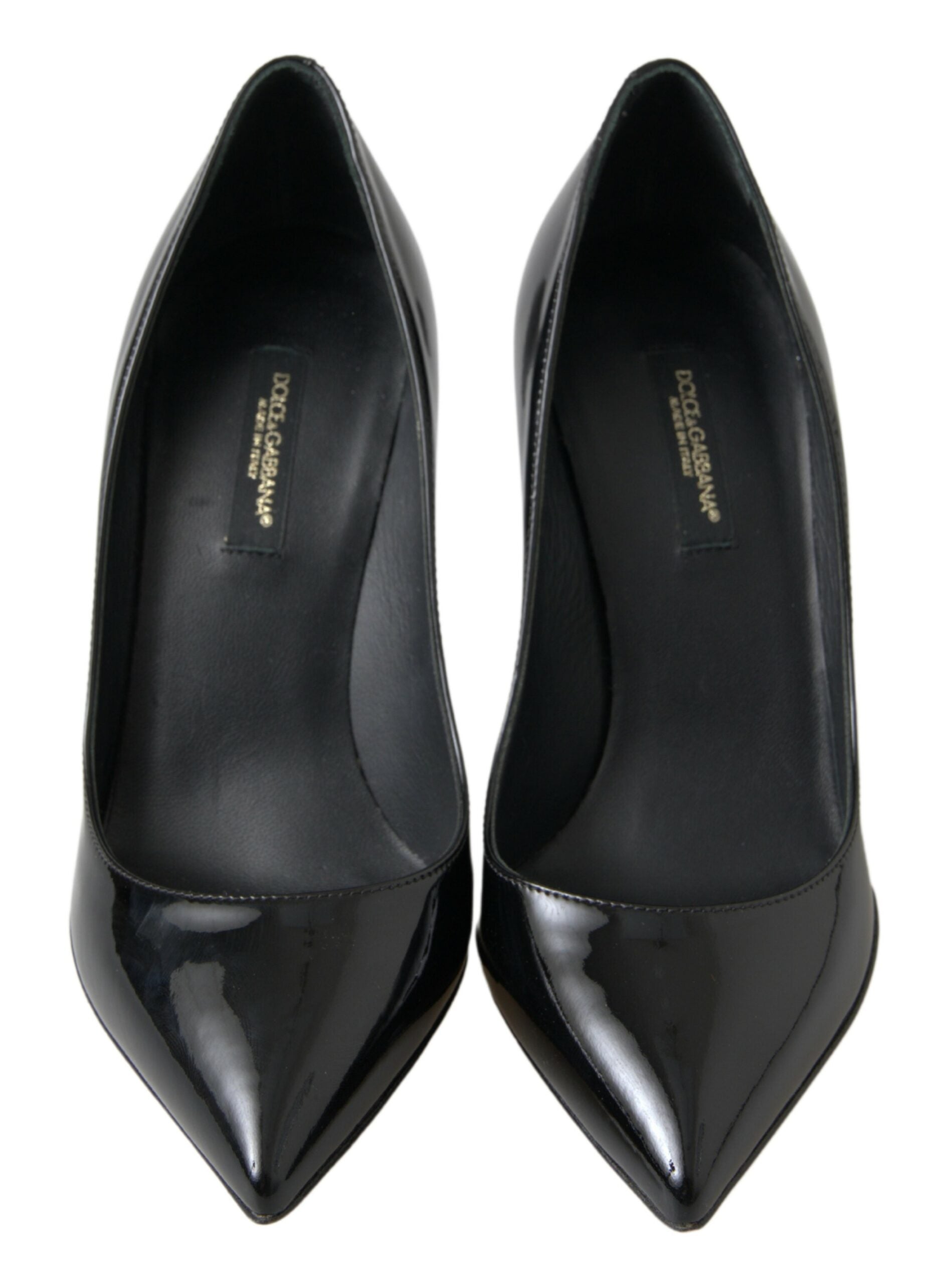 Black patent leather high heels pumps by Dolce & Gabbana, stylish women's footwear with sleek, shiny finish and pointed toe design.