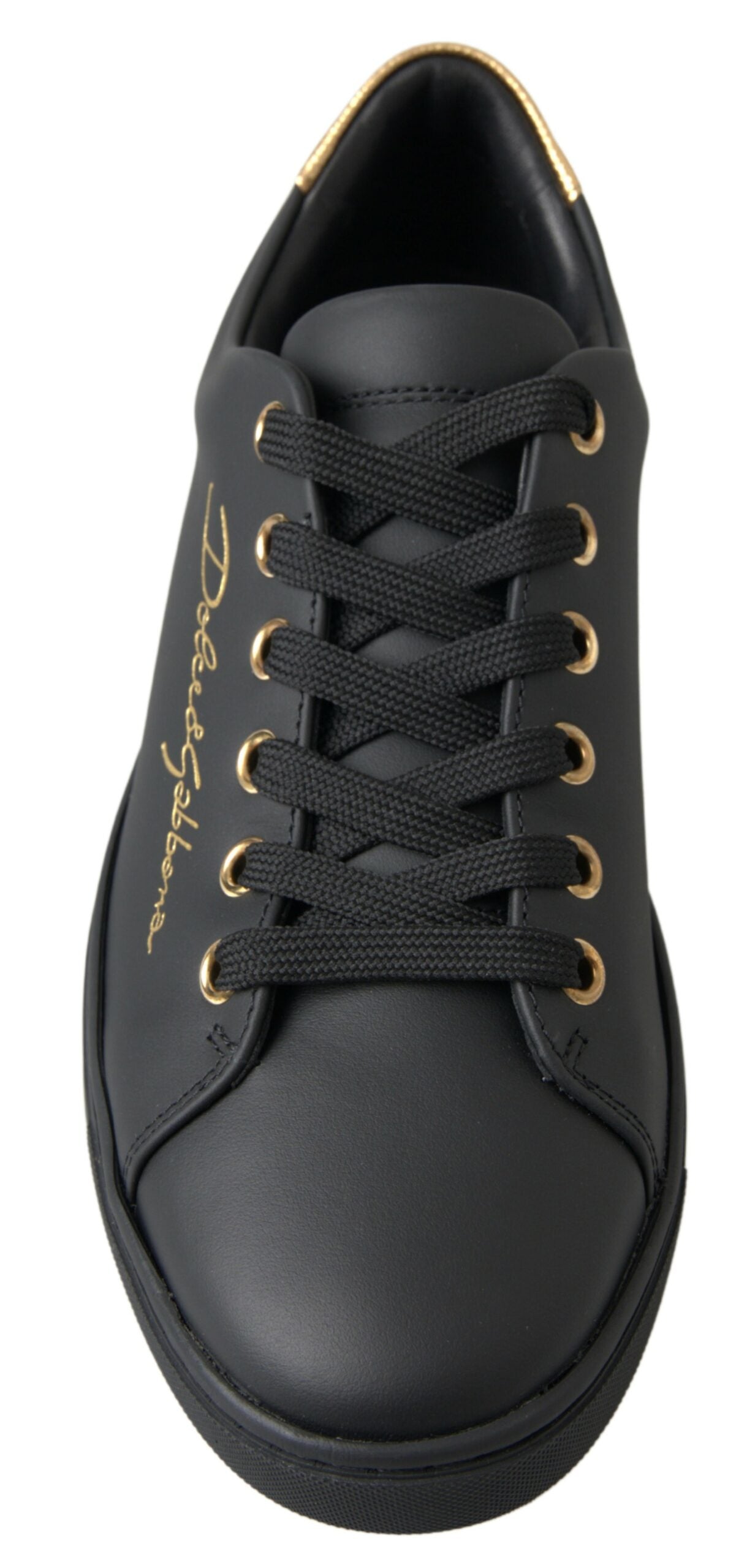 Black gold leather Dolce & Gabbana classic sneakers with sleek design and stylish detailing.