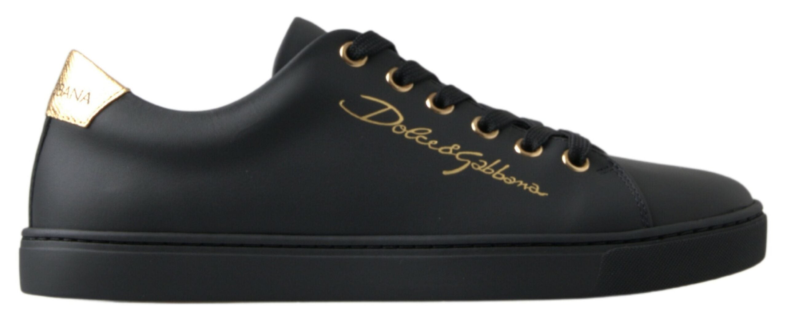 Dolce & Gabbana black gold leather classic sneakers shoes with stylish design and durable rubber sole.