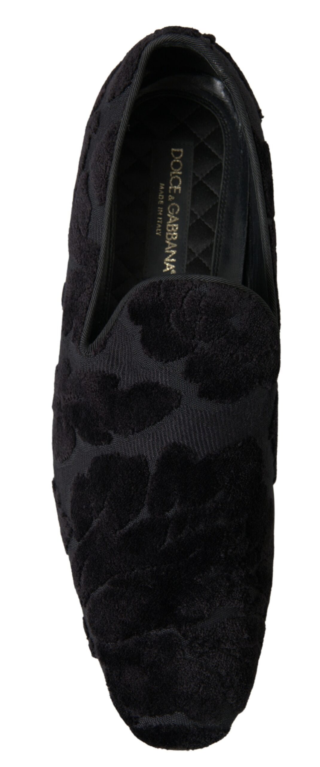 Black brocade loafers by Dolce & Gabbana, formal shoes featuring intricate design and polished leather finish.