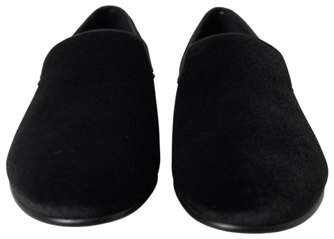 Black velvet loafers formal shoes by Dolce & Gabbana, featuring sleek design and elegant craftsmanship.