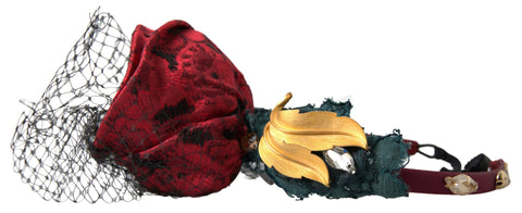 Red silk diadem headband with multicolor rose crystal netted logo design by Dolce & Gabbana.