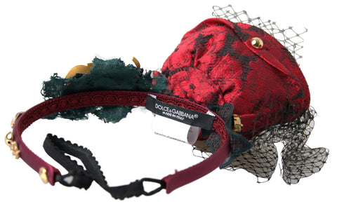 Red Dolce & Gabbana silk headband with multicolor rose embroidery and crystal netted logo design.