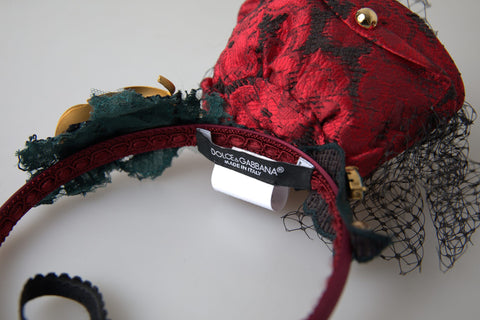 Red silk diadem headband with multicolor rose crystal netted logo design by Dolce & Gabbana.