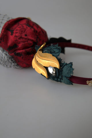 Red silk diadem headband with multicolor rose crystal netted logo, designed by Dolce & Gabbana.