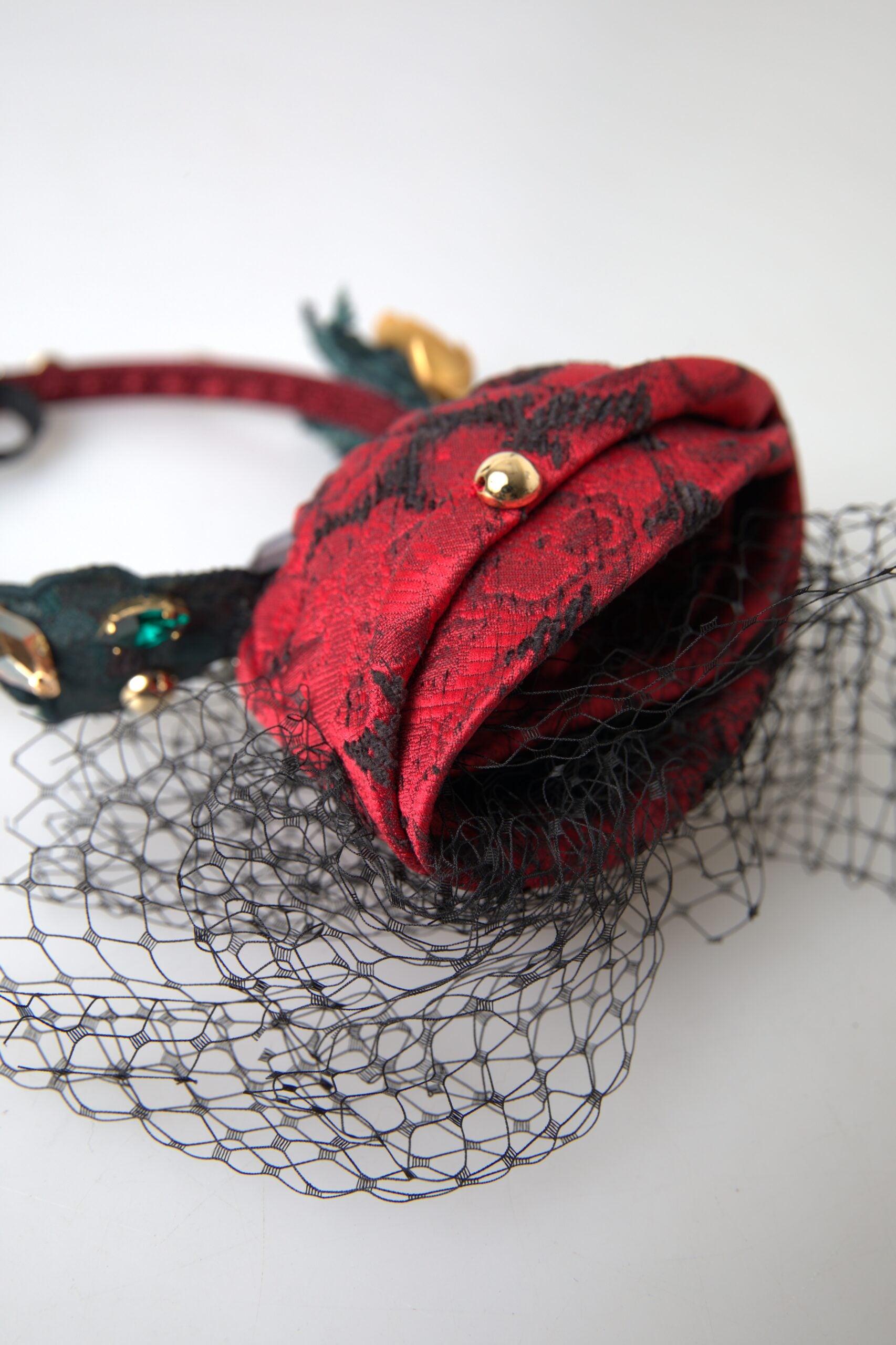 Red silk crystal netted diadem headband with multicolor rose logo design by Dolce & Gabbana