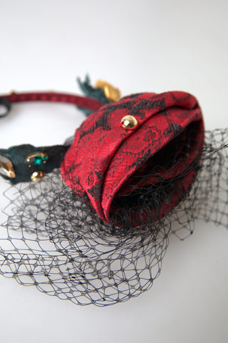 Red silk crystal netted diadem headband with multicolor rose logo design by Dolce & Gabbana