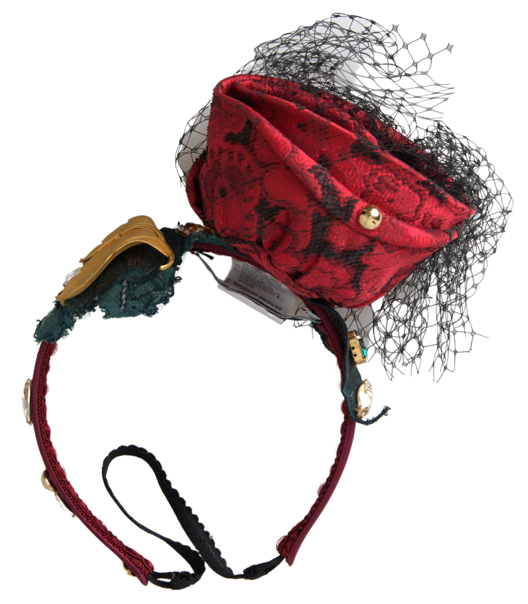 Red silk diadem headband by Dolce & Gabbana with multicolor rose crystal netted logo design.