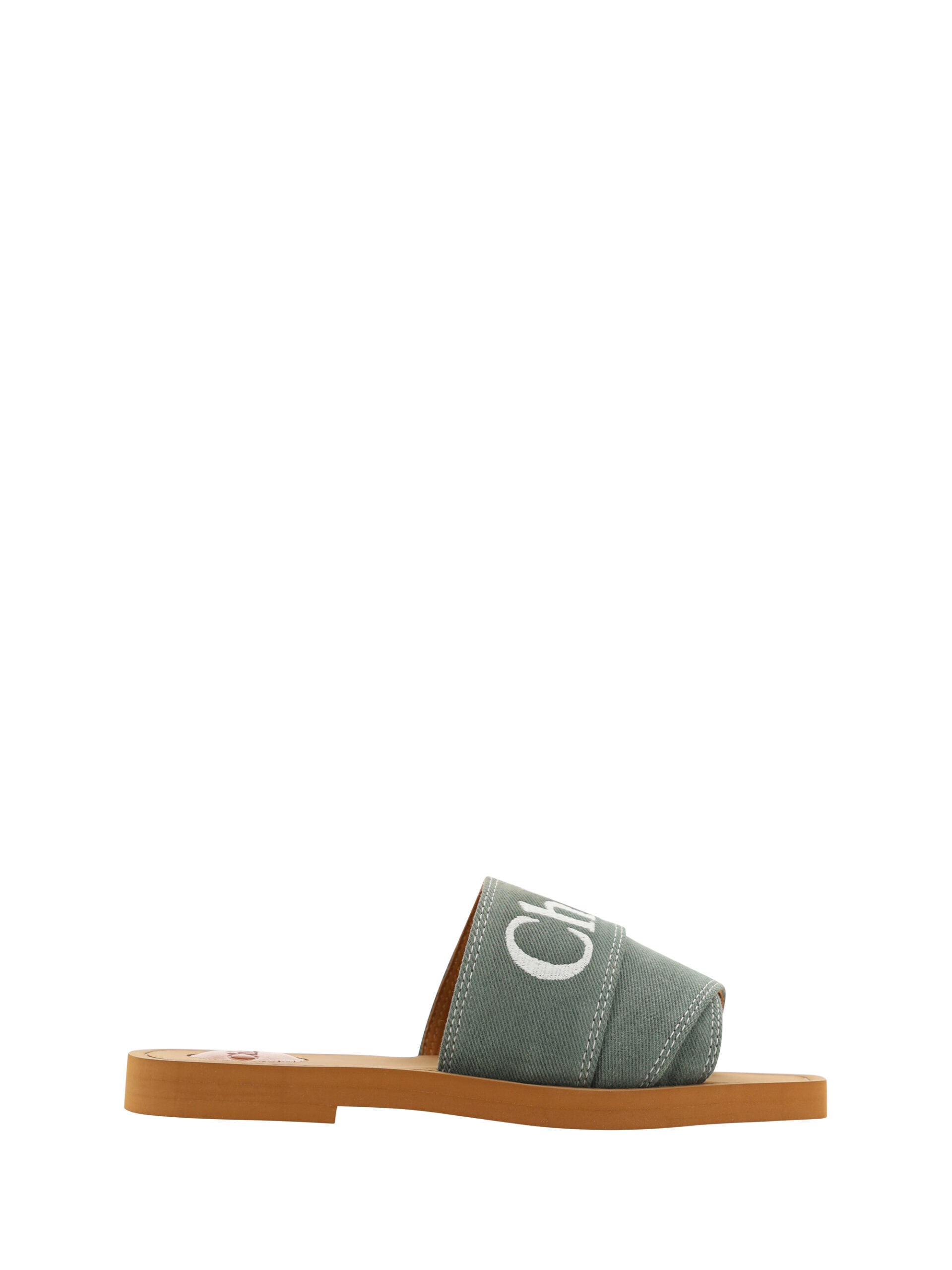 Forest green cotton slides by Chloé featuring Woody sandal design, with open toe and slip-on style.