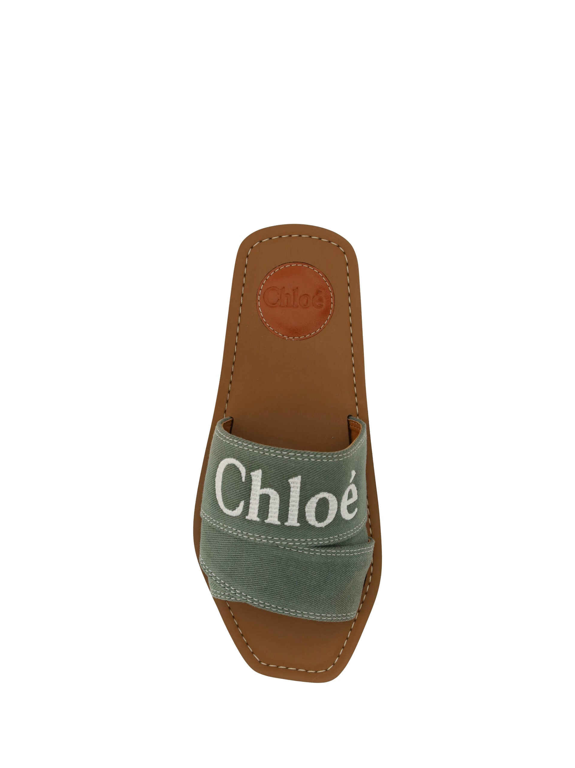 Chloé Forest Green Cotton Slides Woody Sandals with open toe and flat sole, casual slip-on footwear for women