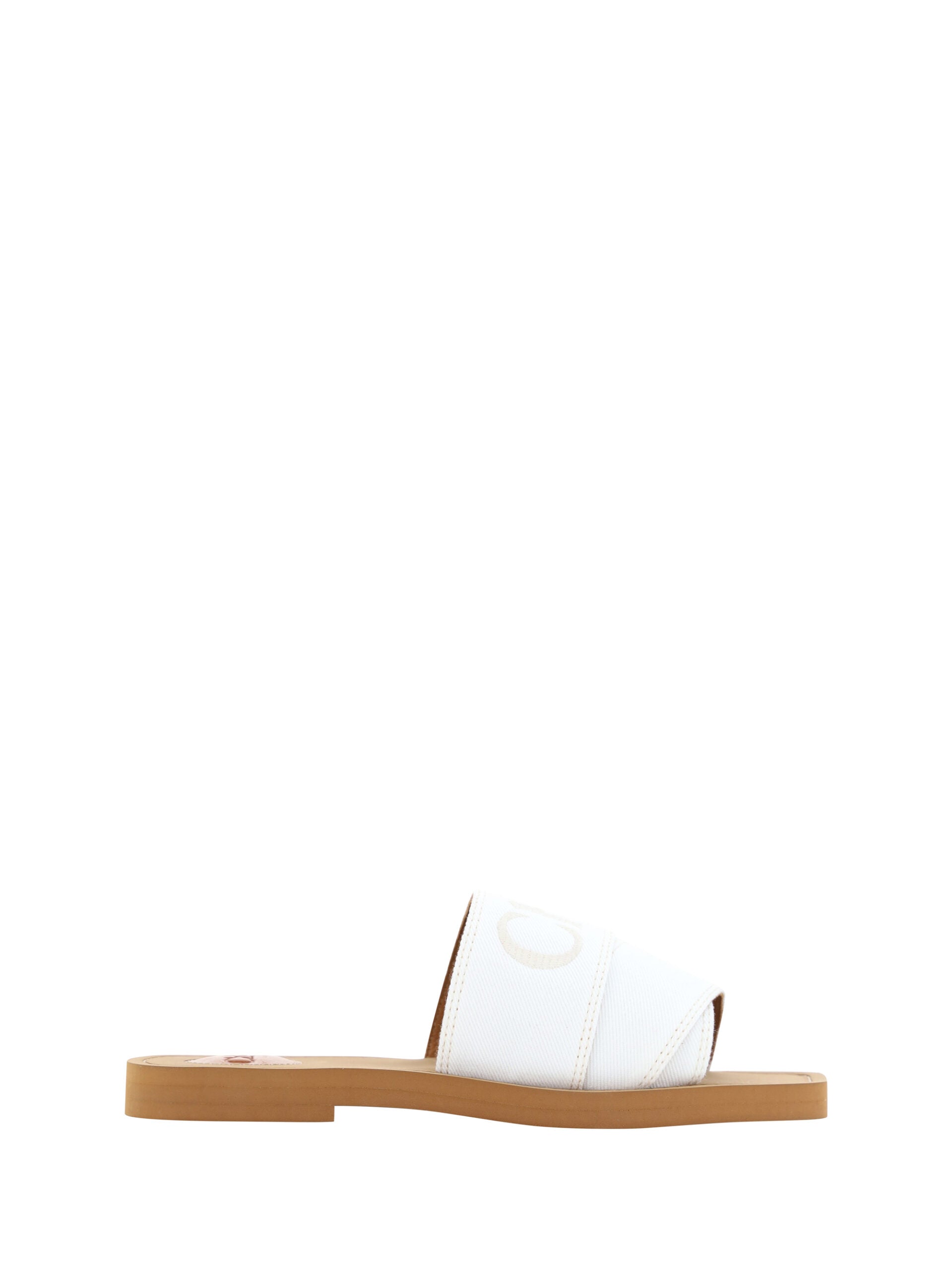 White cotton slide sandals by Chloé featuring a simple, comfortable design with a flat sole and minimalist style.