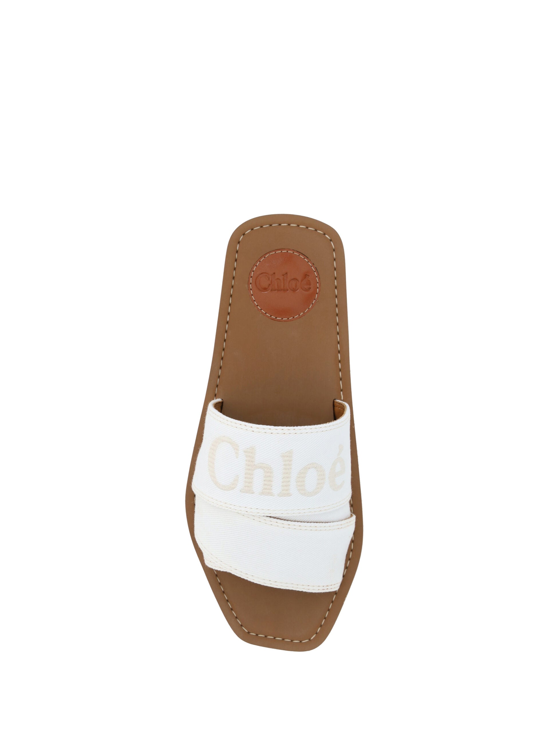 White cotton slides by Chloé featuring Woody Sandals design with open-toe style and casual slip-on fit.