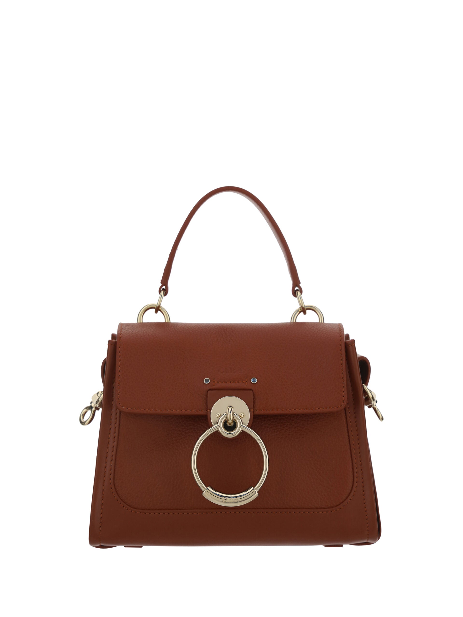 Chloé Tess handbag made of brown calf leather with top handles and gold-tone hardware, stylish and elegant accessory.