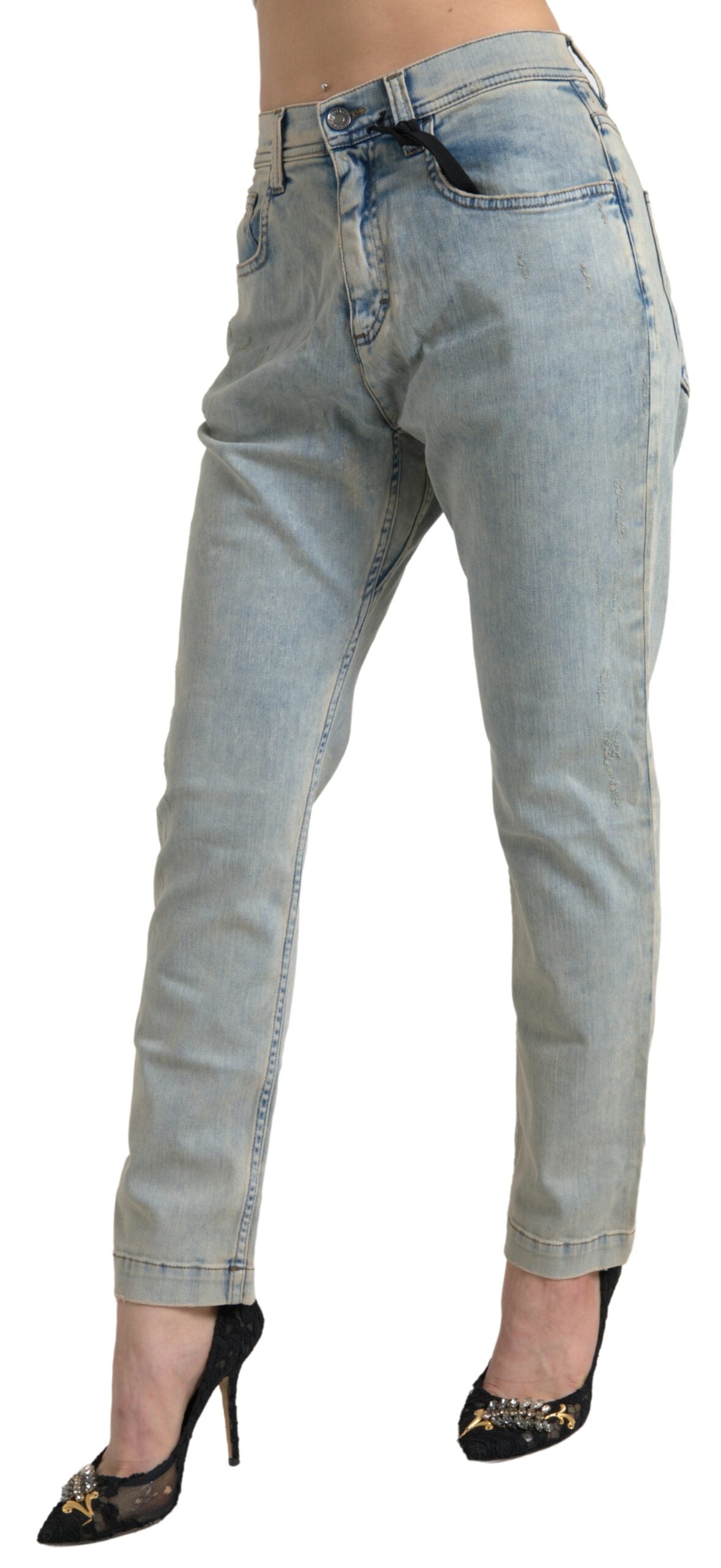Blue washed cotton mid-waist skinny jeans by Dolce & Gabbana, showing front view with classic five-pocket design.