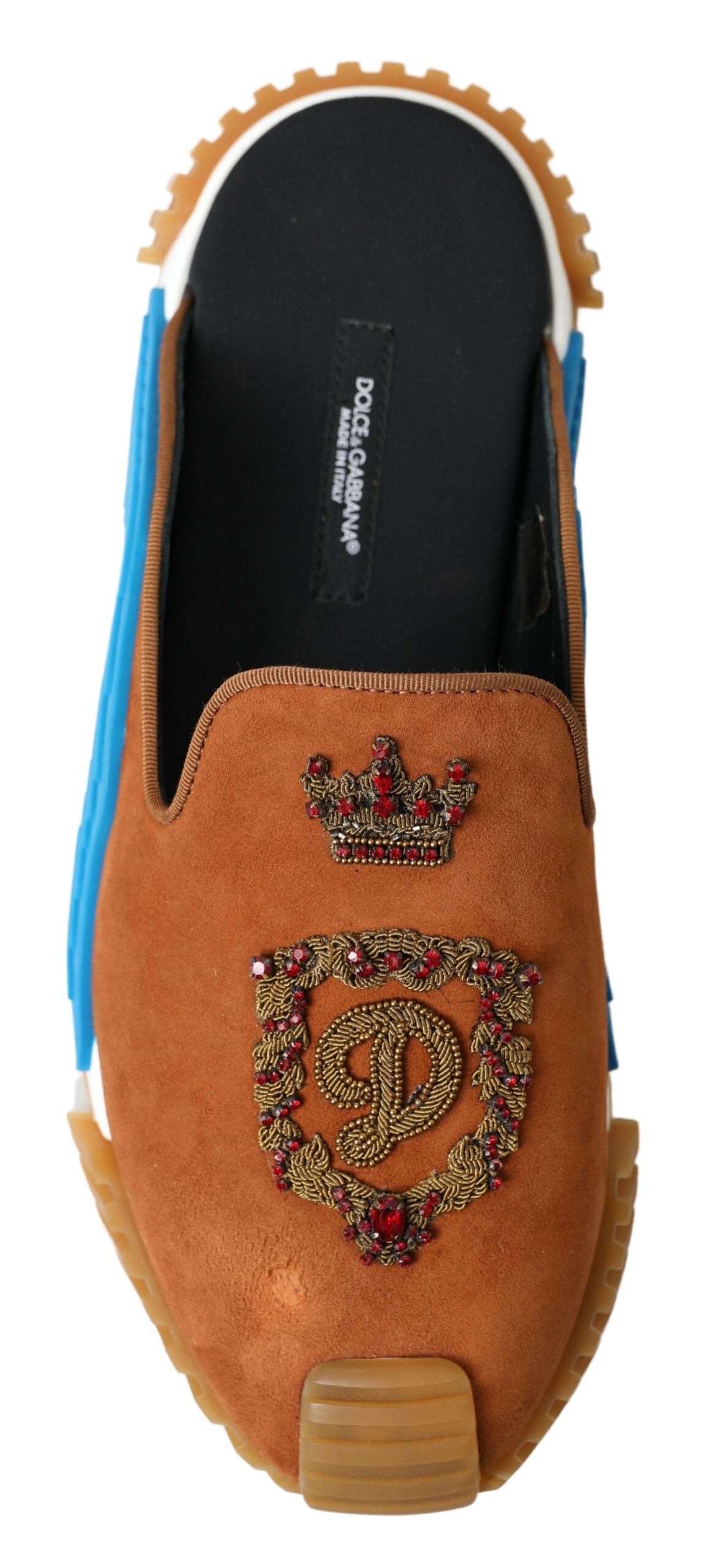 Brown suede Dolce & Gabbana Crown Logo NS1 slides sandals with slide design and branded crown logo on the upper strap.