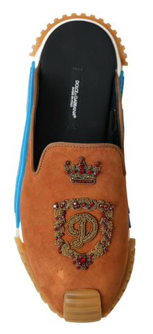 Brown suede Dolce & Gabbana Crown Logo NS1 slides sandals with slide design and branded crown logo on the upper strap.