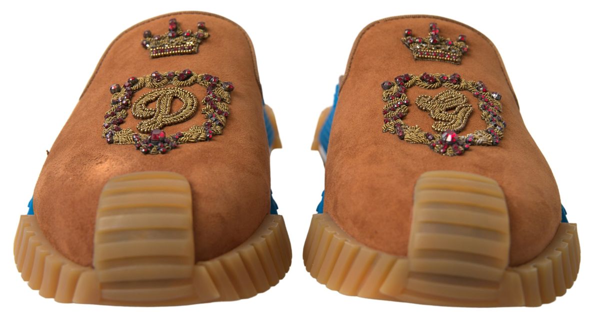 Brown suede Dolce & Gabbana NS1 slides sandals with crown logo, featuring a sleek open-toe design and casual slip-on style.