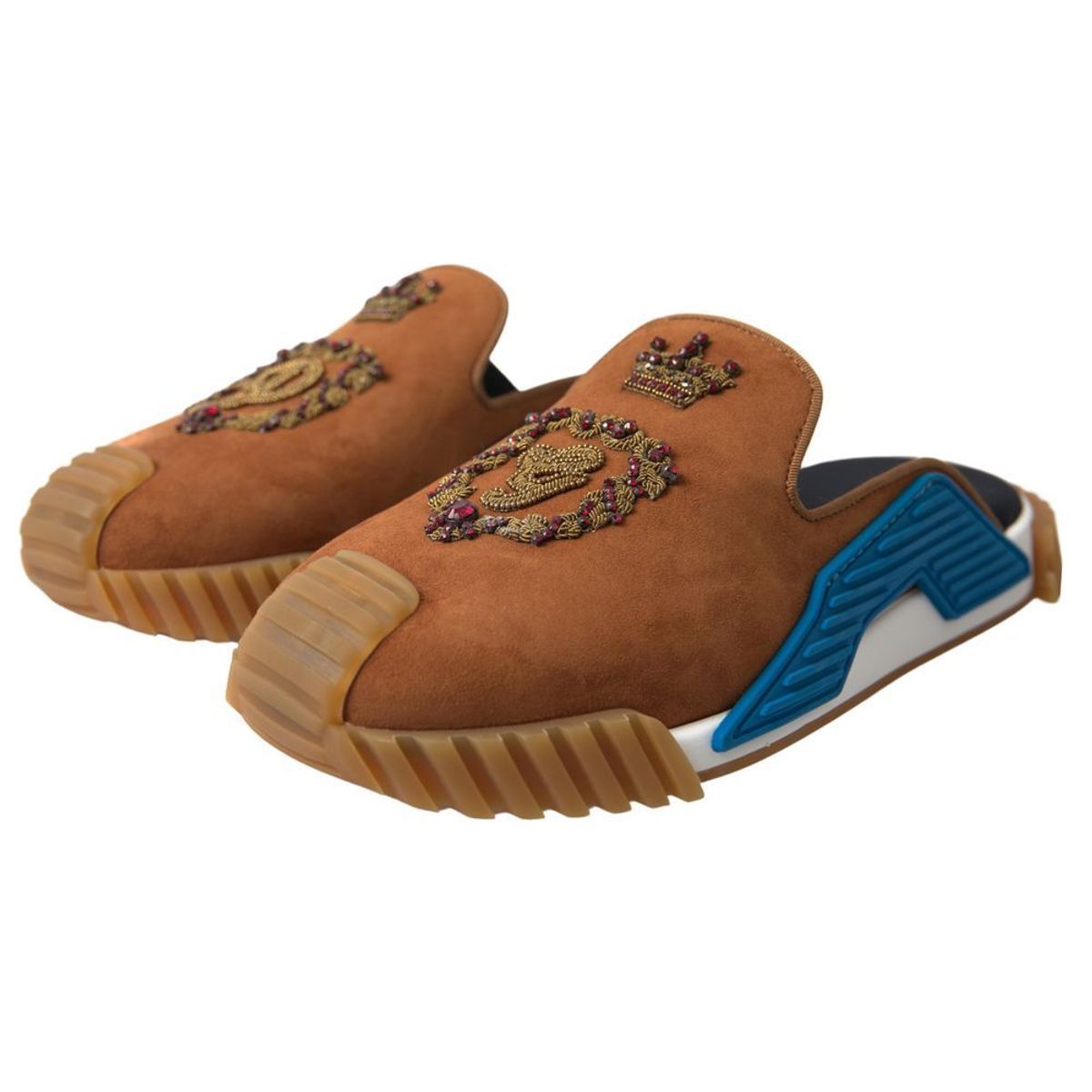 Brown suede Dolce & Gabbana NS1 slides sandals with crown logo, featuring a casual slip-on design and textured sole.