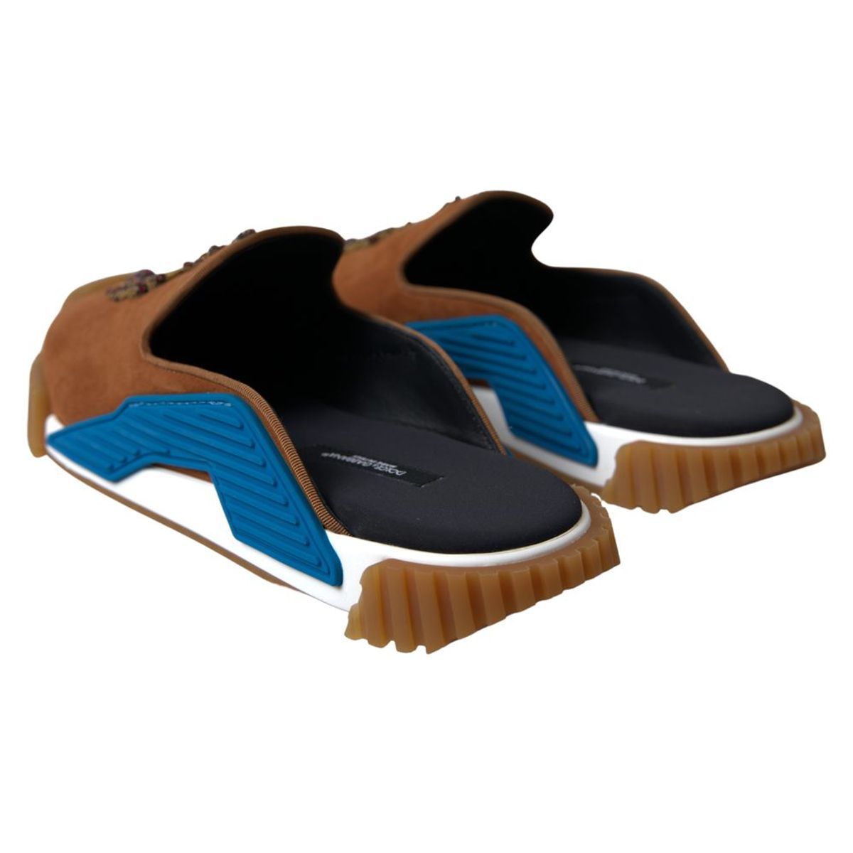 Brown suede D&G NS1 slides sandals with crown logo, featuring open-toe design and casual slip-on style.