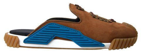 Brown suede Dolce & Gabbana NS1 slides sandals with crown logo detailing and open-toe design.
