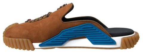 Brown suede Dolce & Gabbana NS1 Slides sandals with crown logo, featuring open-toe design and casual slip-on style.