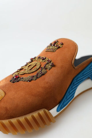 Brown suede NS1 slides sandals with crown logo by Dolce & Gabbana, featuring a sleek design and comfortable slip-on style.