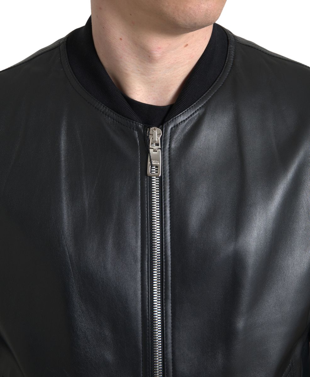 Black leather full zip bomber jacket for men by Dolce & Gabbana, shown with front view and zip closure.